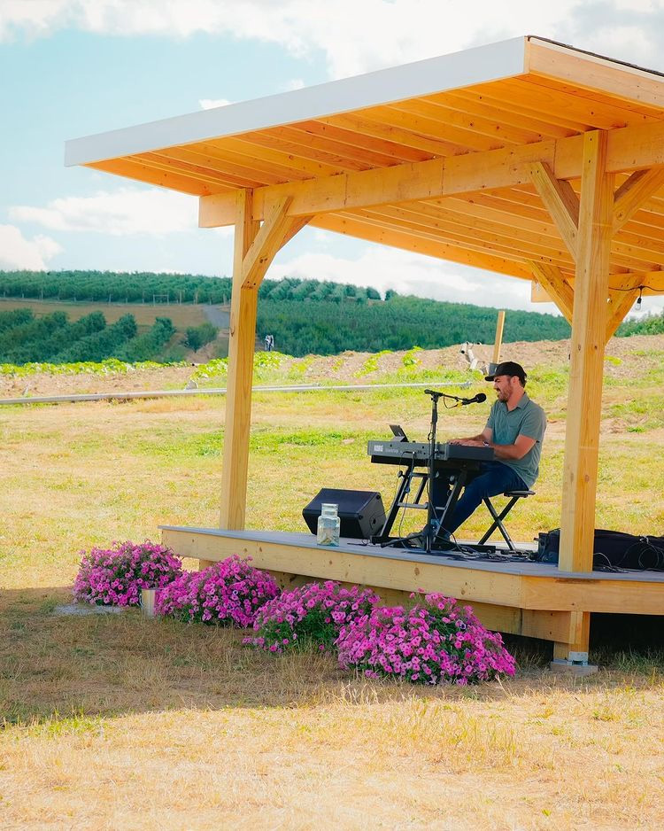 A musician performs on a covered wooden stage with mountain views